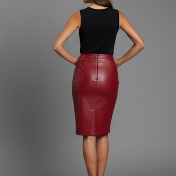 Red High Waist Split Thigh Vegan Leather Skirt - Picture 4 of 6